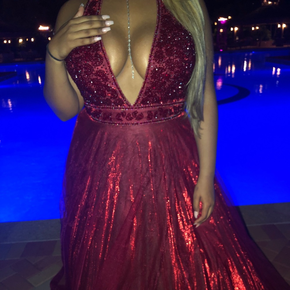 Burgundy Plunge Neck Prom Dress